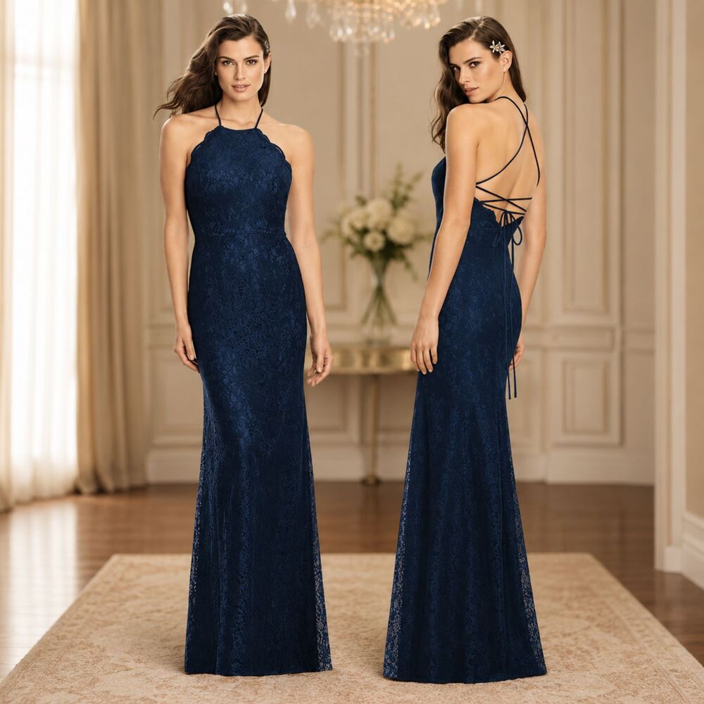 Dessy Collection Gown Midnight Halter Lace Trumpet Size 12 NWT